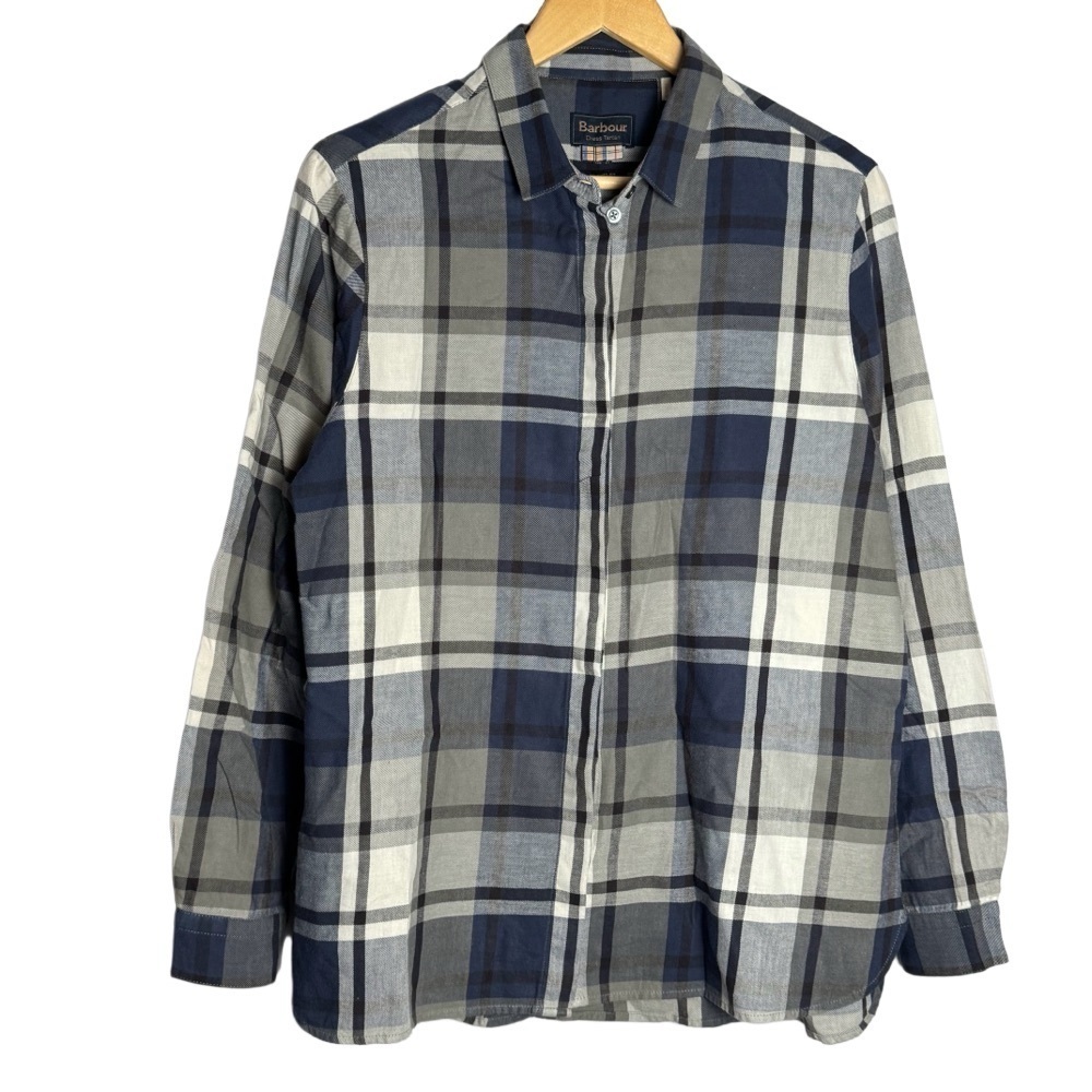 Barbour Women's Annis Tartan Dress Shirt Button Up Blue Grey Plaid Sz 8
